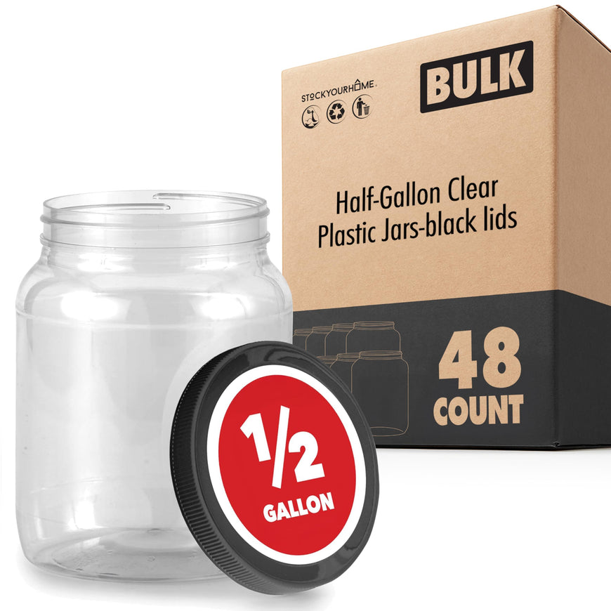 Half-Gallon Clear Plastic Jars (48 Pack) - black lids