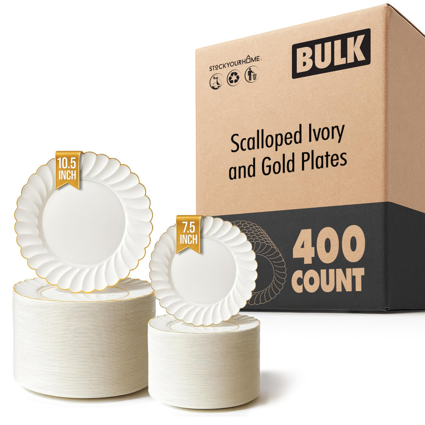 Scalloped Ivory and Gold Plates (400 Pack)