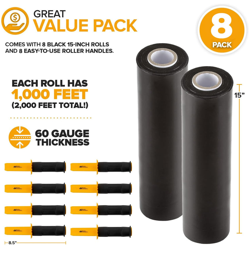 1,000 ft Stretch Film Roll with Handles - Black (8 Pack)