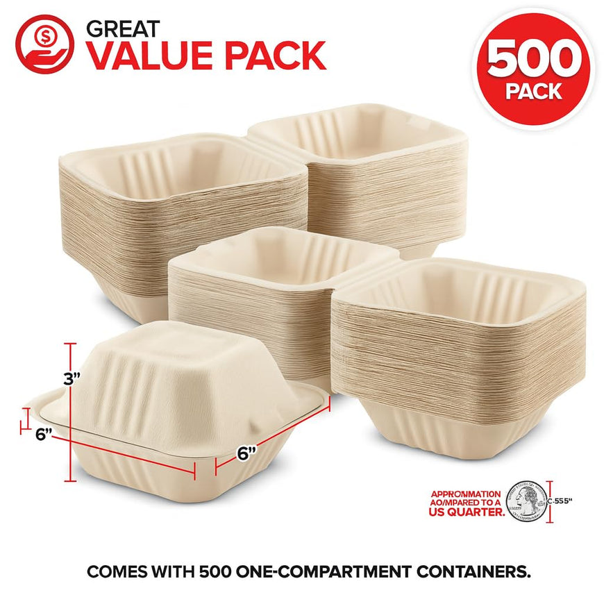 6x6 Bagasse Clamshell Take Out Boxes - 500 Pack