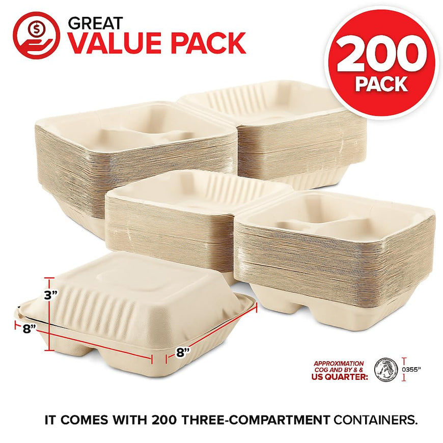 8x8x3 Bagasse Clamshell Take Out Boxes- 200 Pack