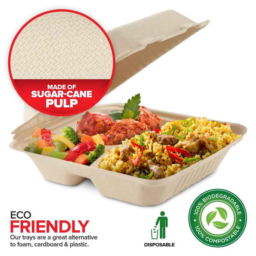 8x8x3 Bagasse Clamshell Take Out Boxes- 200 Pack