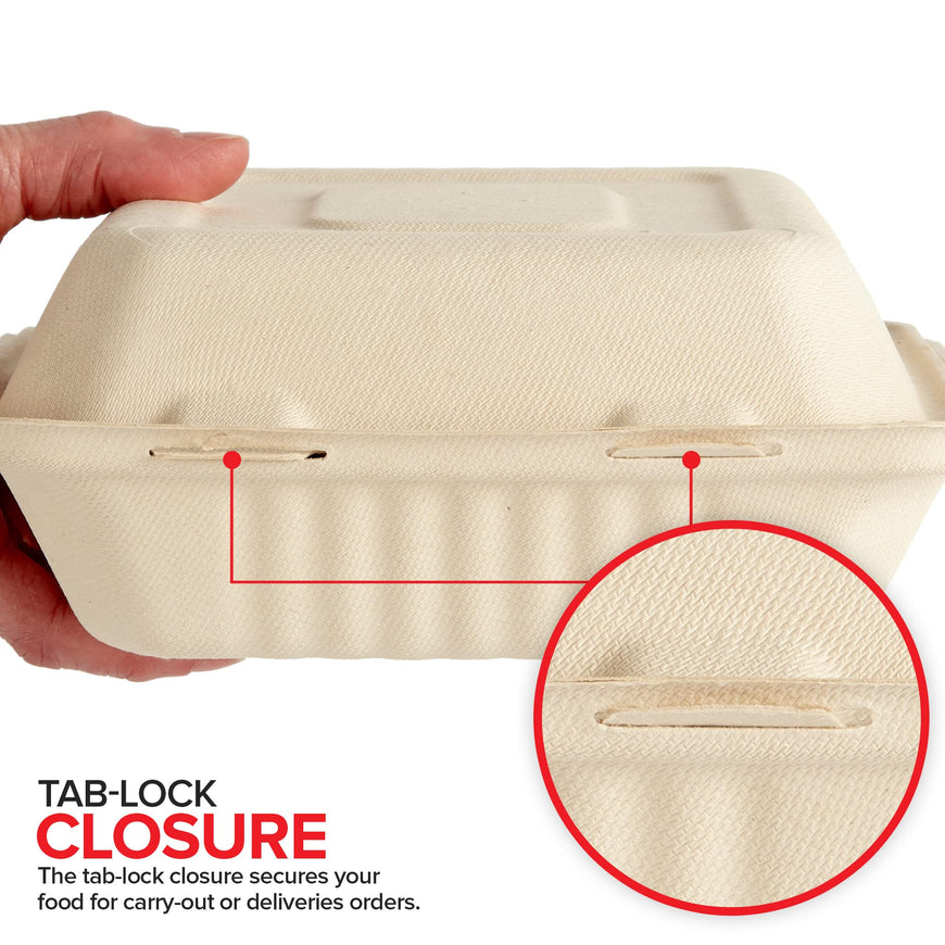 8x8x3 Bagasse Clamshell Take Out Boxes- 200 Pack