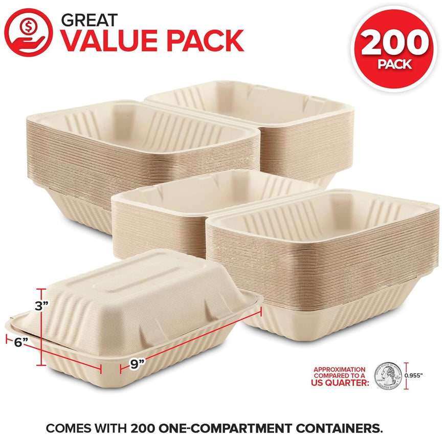 9 x 6 x 1 Bagasse Clamshell Boxes (200 Pack)