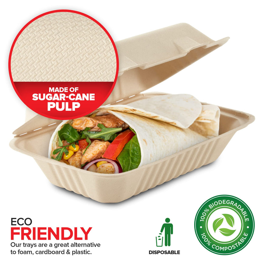 9 x 6 x 1 Bagasse Clamshell Boxes (200 Pack)