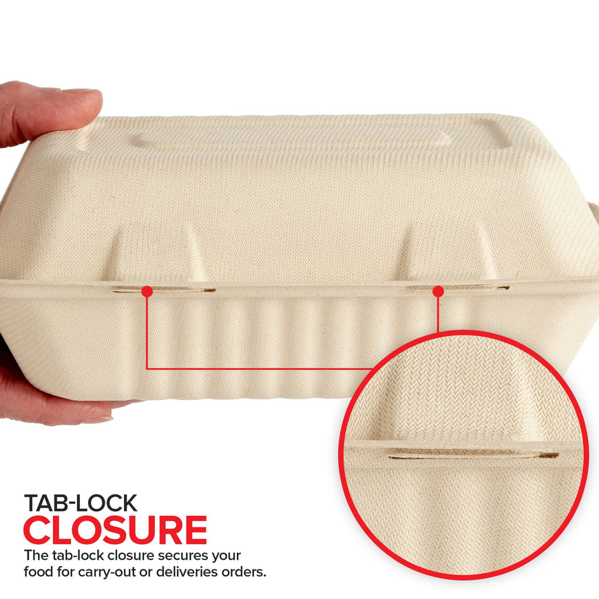 9 x 6 x 1 Bagasse Clamshell Boxes (200 Pack)