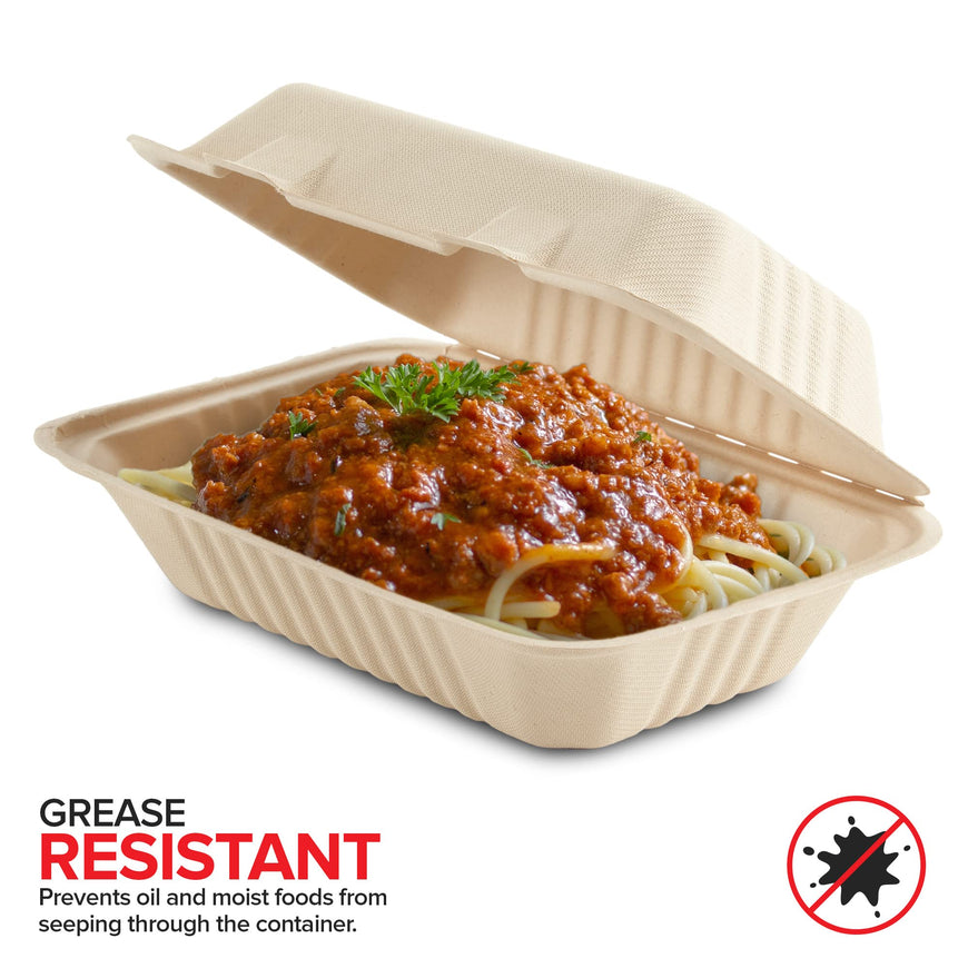 9 x 6 x 1 Bagasse Clamshell Boxes (200 Pack)