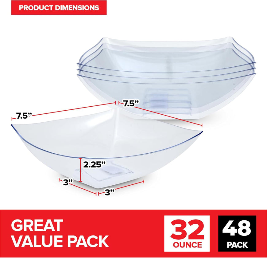 Plastic Square Bowls - 32oz (48 Pack)