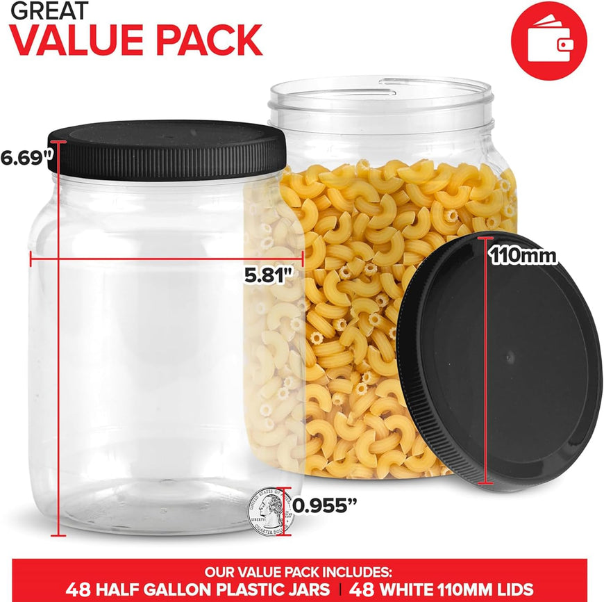 Half-Gallon Clear Plastic Jars (48 Pack) - black lids