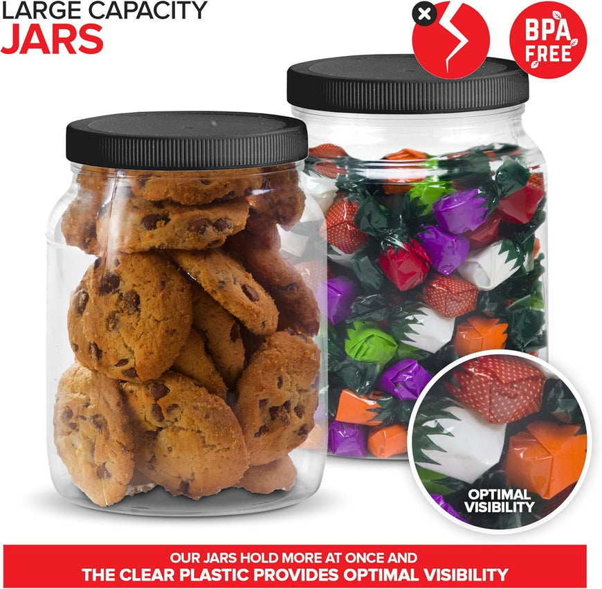 Half-Gallon Clear Plastic Jars (48 Pack) - black lids