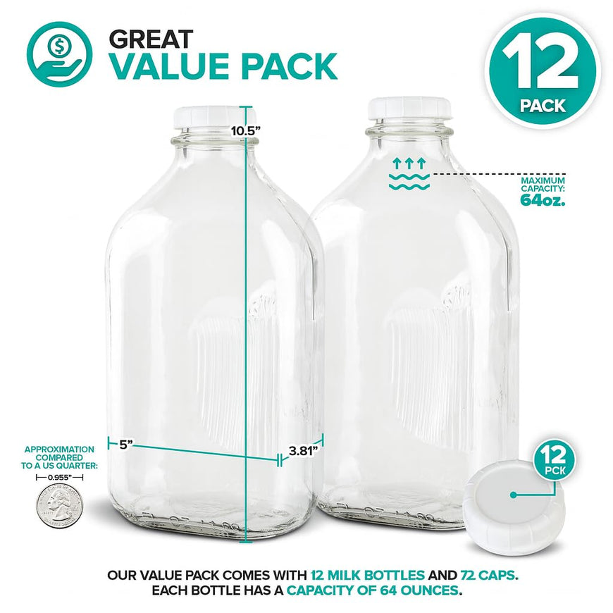 64 oz Glass Milk Bottles (12 Pack)