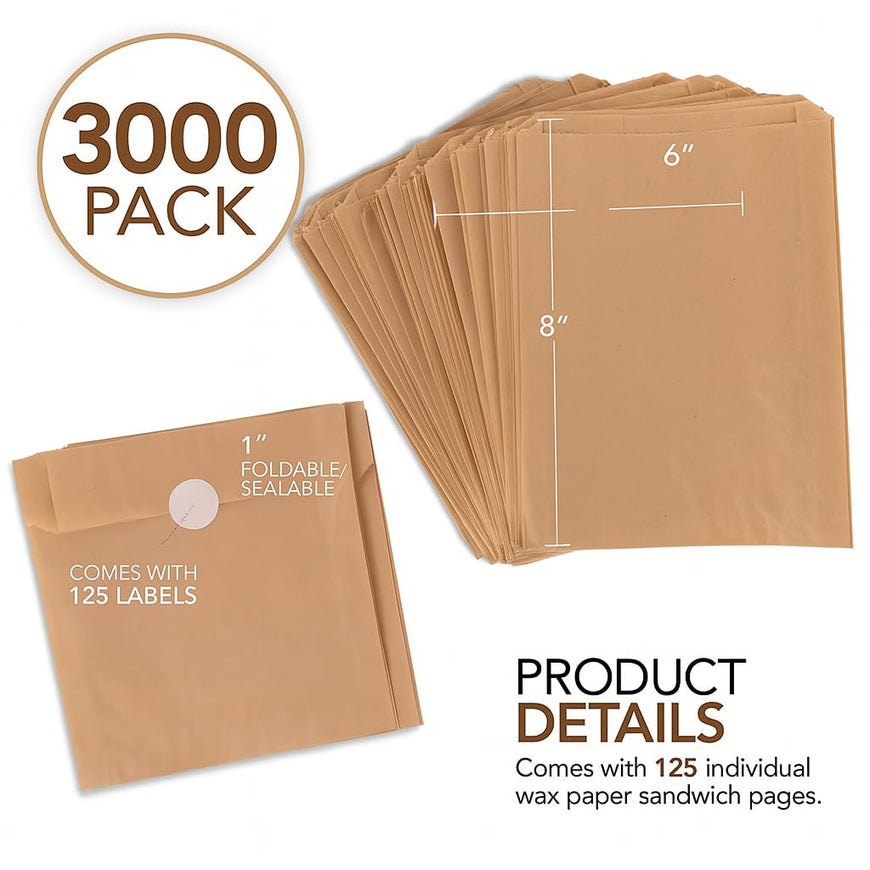 Brown Sandwich Bags with Labels (3000 Pack)
