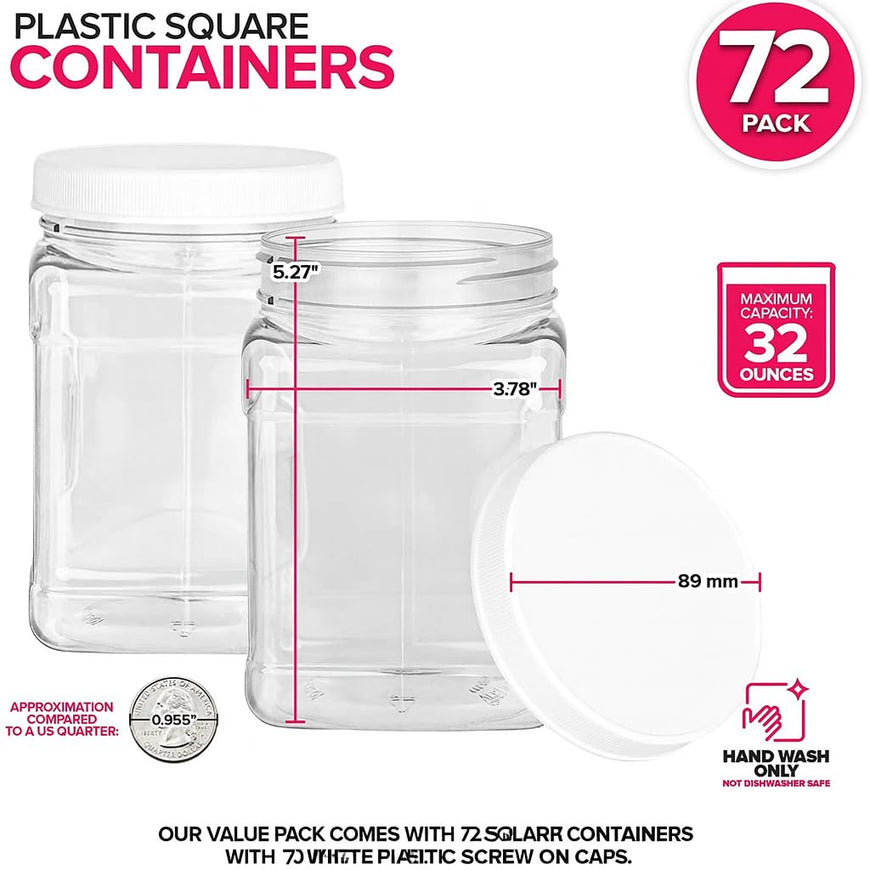 32oz Square Plastic Jars w/White Lids (72 Pack)