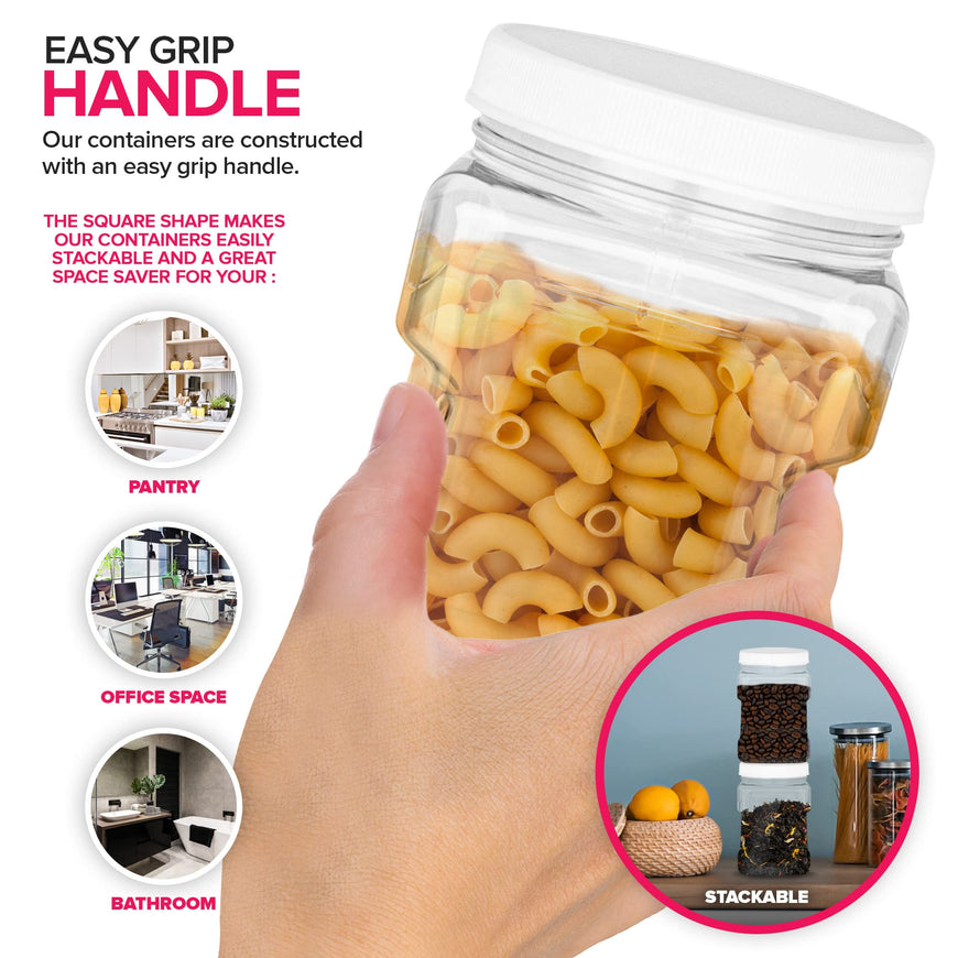 32oz Square Plastic Jars w/White Lids (72 Pack)