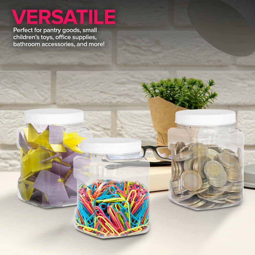 32oz Square Plastic Jars w/White Lids (72 Pack)