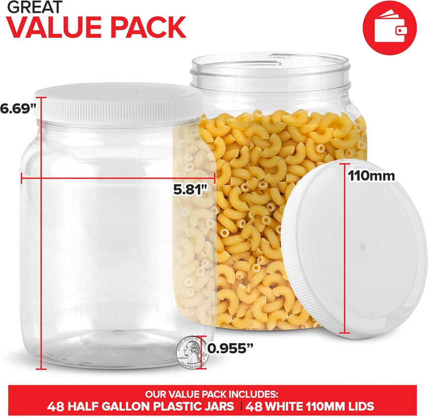 Half-Gallon Clear Plastic Jars (48 Pack) - white lids