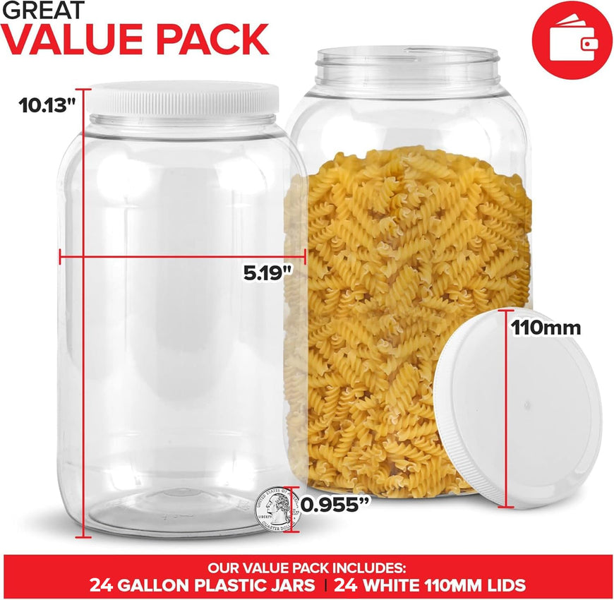 1-Gallon Clear Plastic Jars (24 Pack) - white lids