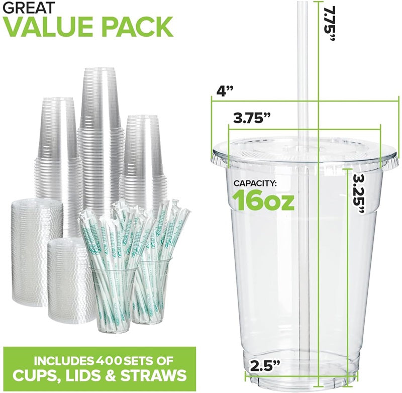 Stock Your Home 16 oz Clear Cold Cups with Lids and Straws 400 Pack Plastic Party Cups