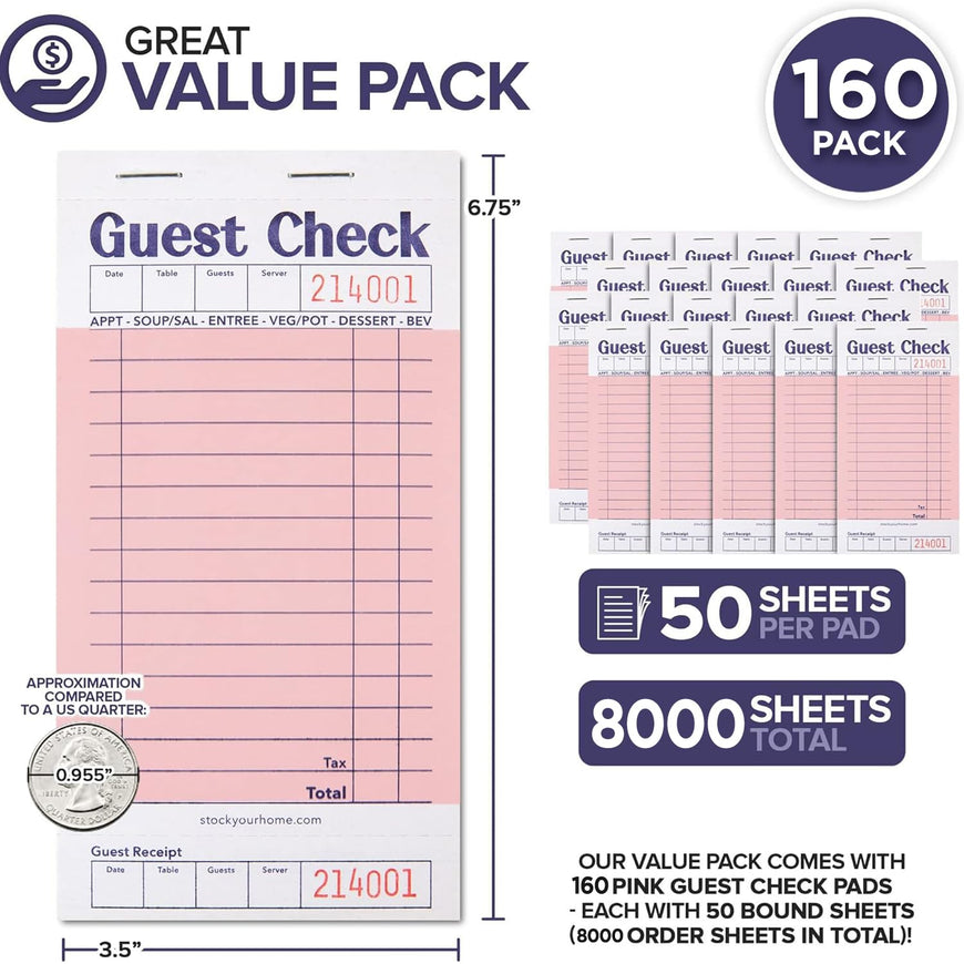 Guest Check Pad - Pink (160 Pack)