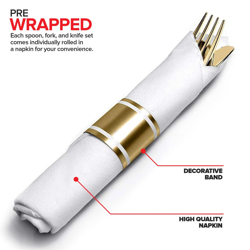 Pre Rolled Napkin and Cutlery Set - Gold (300 Pack)