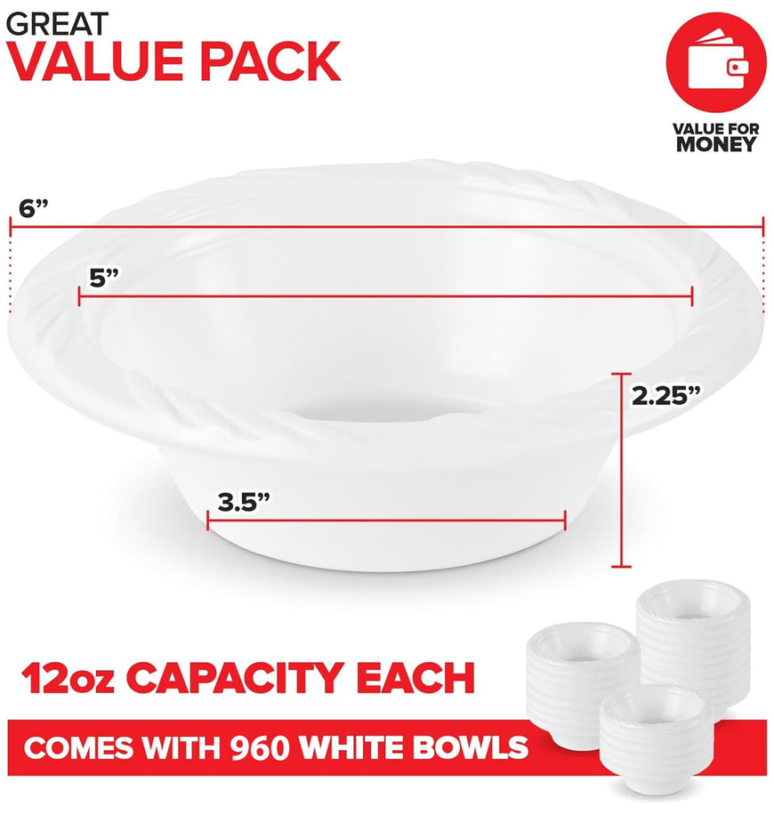 12 oz Disposable White Plastic Bowls (960 Pack)