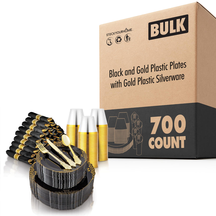 700pcs Black and Gold Plastic Plates with Gold Plastic Silverware