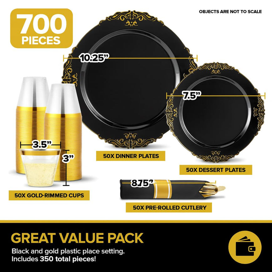700pcs Black and Gold Plastic Plates with Gold Plastic Silverware