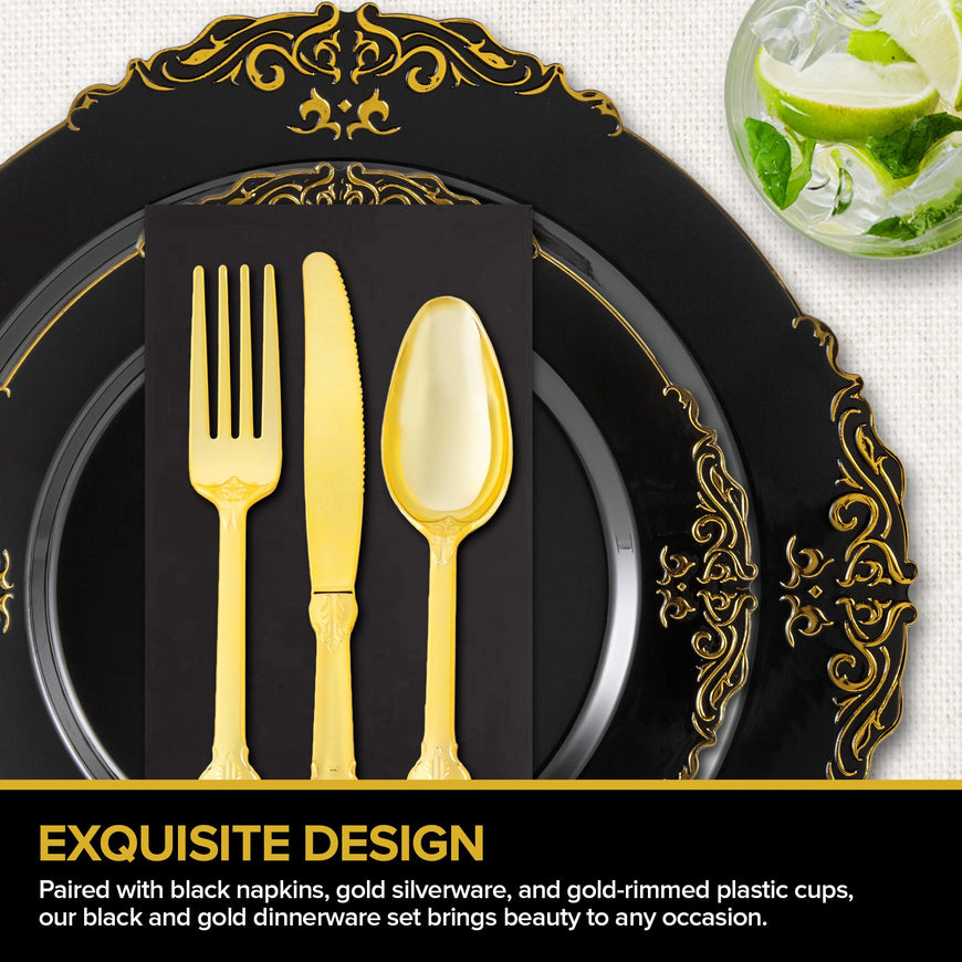 700pcs Black and Gold Plastic Plates with Gold Plastic Silverware