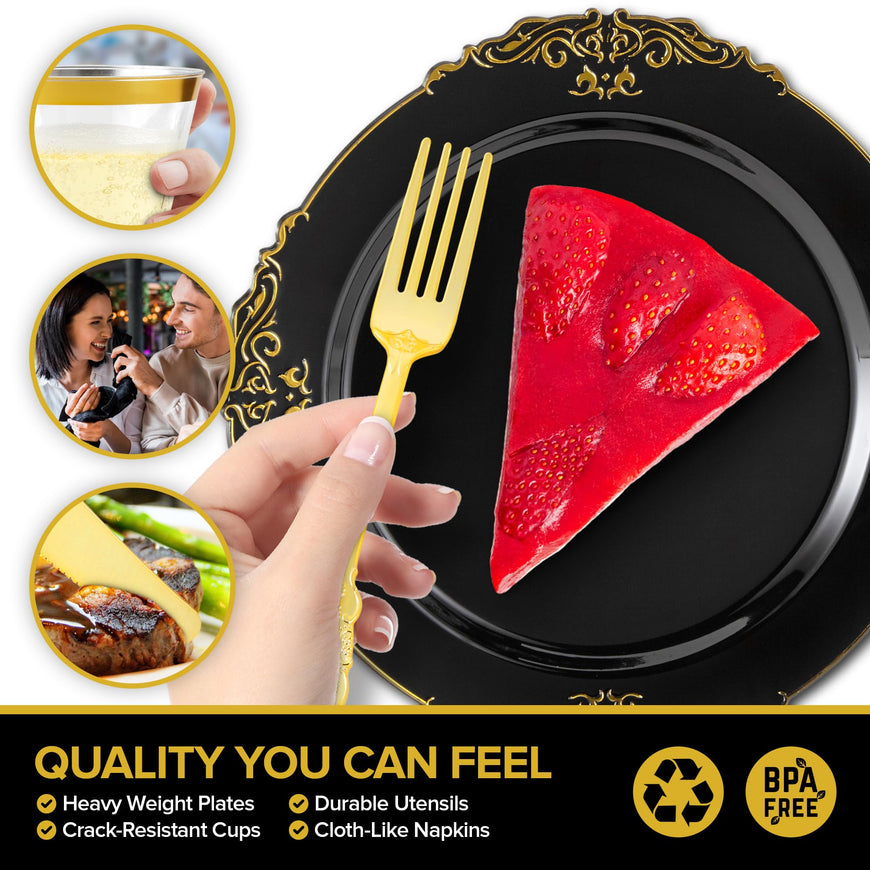 700pcs Black and Gold Plastic Plates with Gold Plastic Silverware