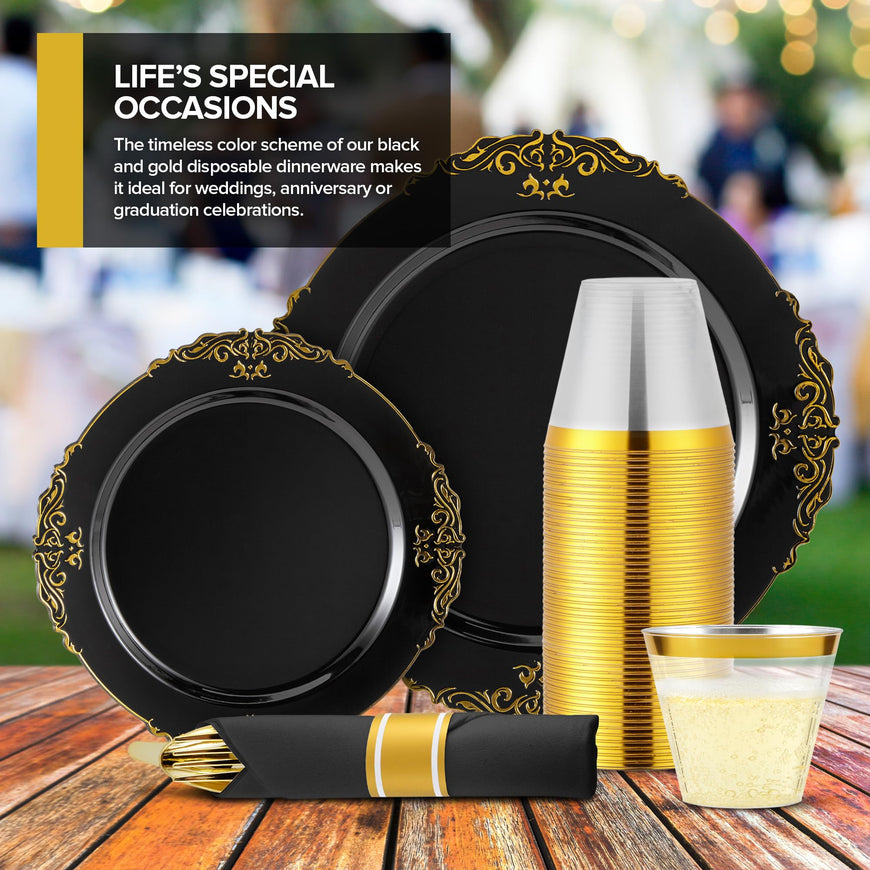 700pcs Black and Gold Plastic Plates with Gold Plastic Silverware