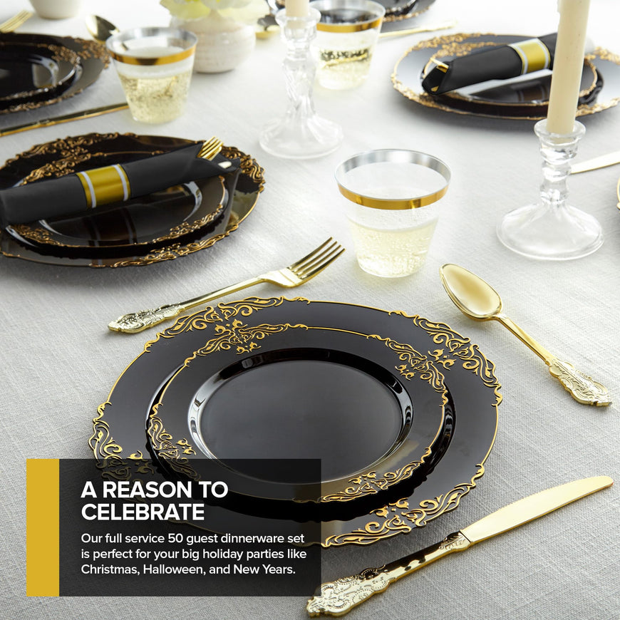 700pcs Black and Gold Plastic Plates with Gold Plastic Silverware