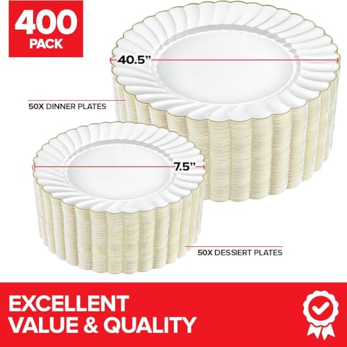 Scalloped Ivory and Gold Plates (400 Pack)