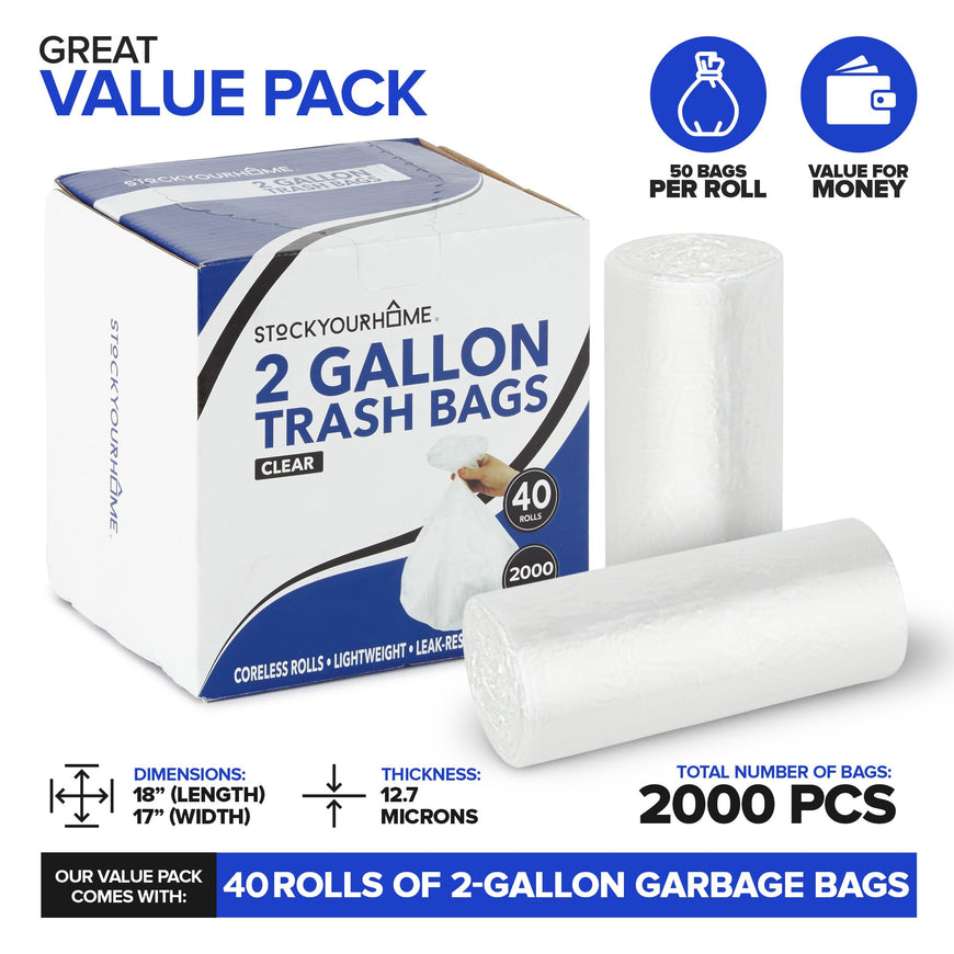 2 Gallon Clear Bathroom Trash Bags (2000 Pack)