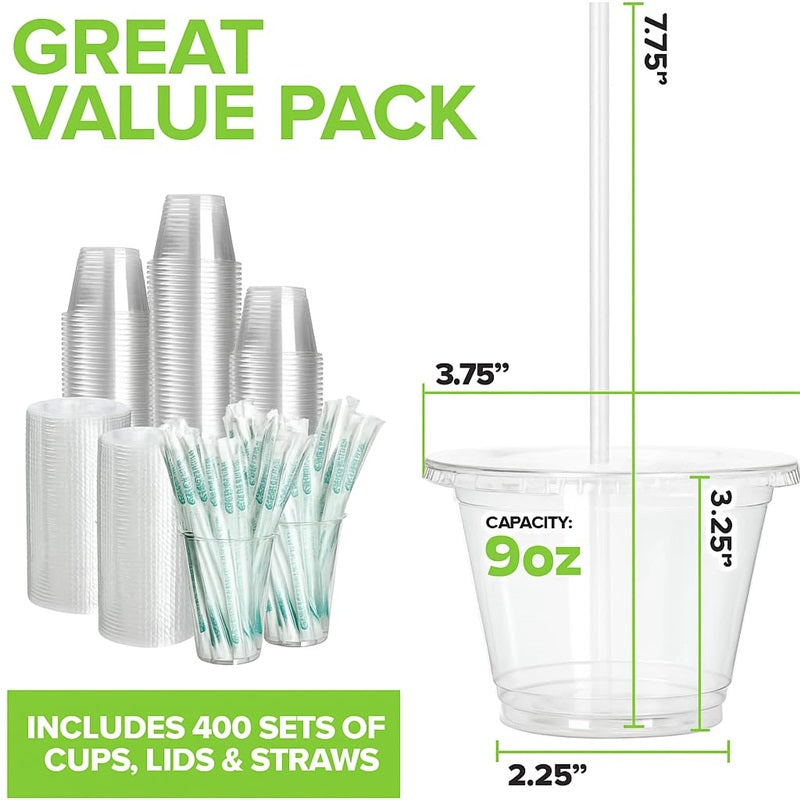 Stock Your Home 9 oz Clear Cold Cups with Lids and Straws Set of 400 Plastic Cups