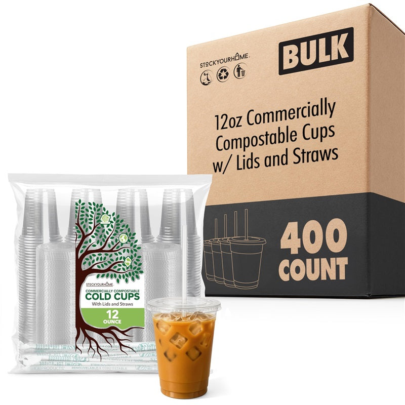 Stock Your Home 12 oz Clear Cold Cups with Lids and Straws Set of 400 Plastic Cups