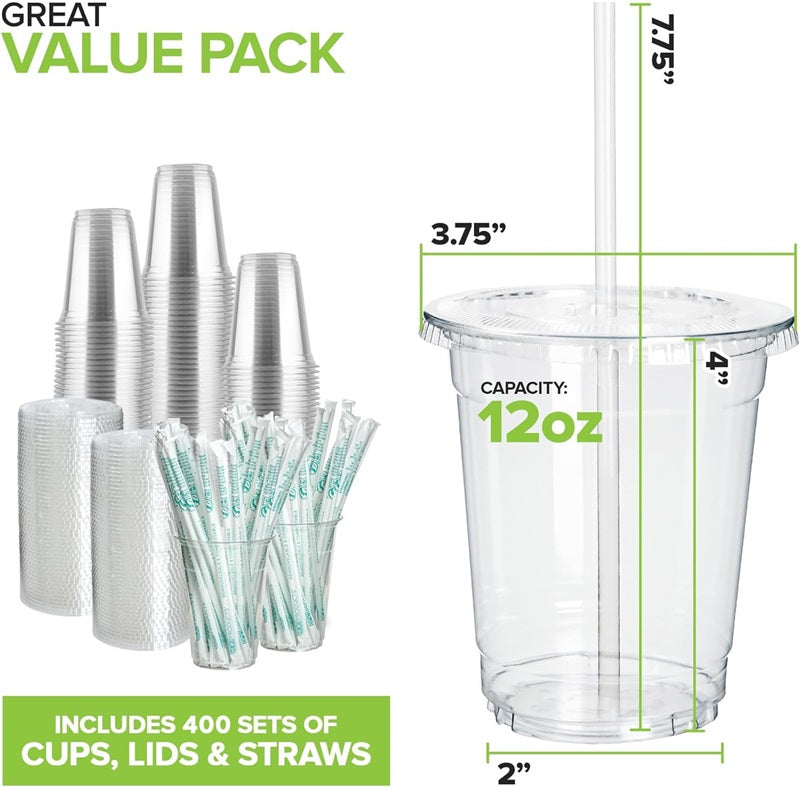 Stock Your Home 12 oz Clear Cold Cups with Lids and Straws Set of 400 Plastic Cups