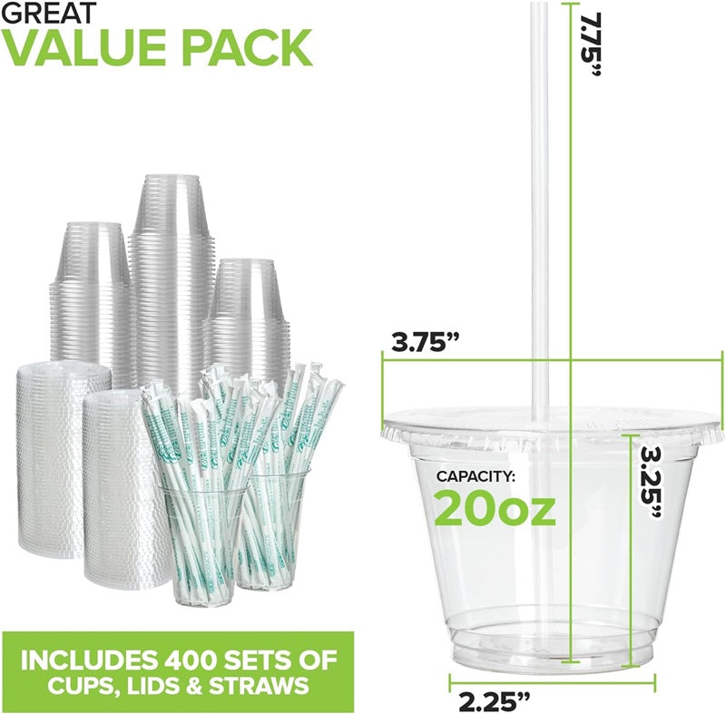 Stock Your Home 20 oz Clear Cold Cups with Lids and Straws Set of 400 Plastic Cups