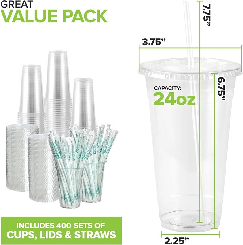 Stock Your Home 24 oz Clear Cold Cups with Lids and Straws Set of 400 Plastic Cups