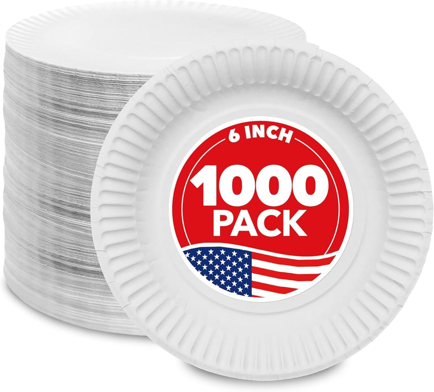 Uncoated 6 inch Paper Plates - 1000 Pack