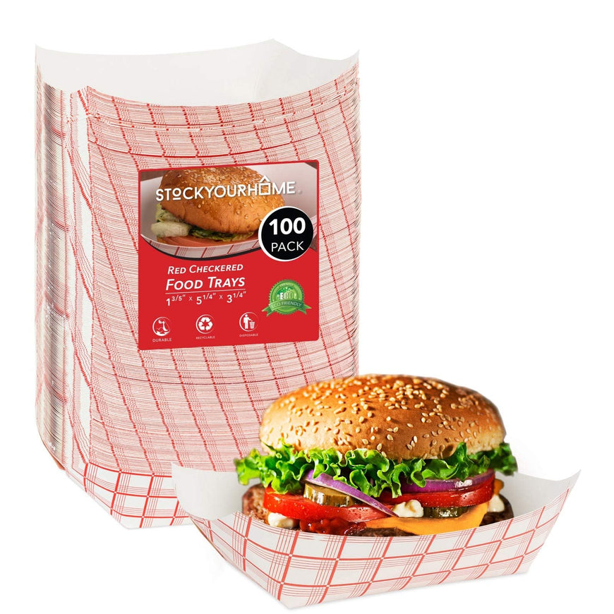 100-Pack 3 lb Paper Food Trays – Red & White Checkered Disposable Paper Food Boats, Eco-Friendly Serving Trays for Concessions, Nachos, Snacks & Condiments – 5.75