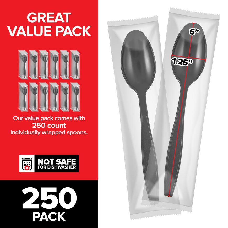 Stock Your Home Heavyweight Plastic Spoons, 250 Count, Disposable Bulk Pack, Individual Wrapped, Heavy Duty Party Supplies