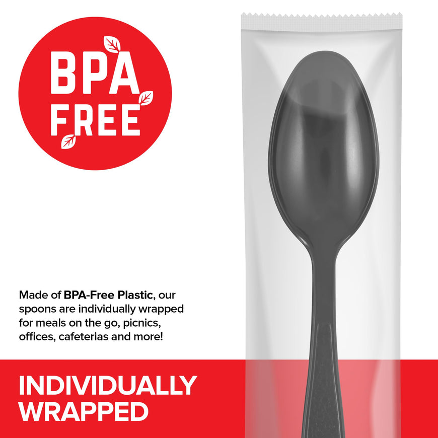 Stock Your Home Heavyweight Plastic Spoons, 250 Count, Disposable Bulk Pack, Individual Wrapped, Heavy Duty Party Supplies