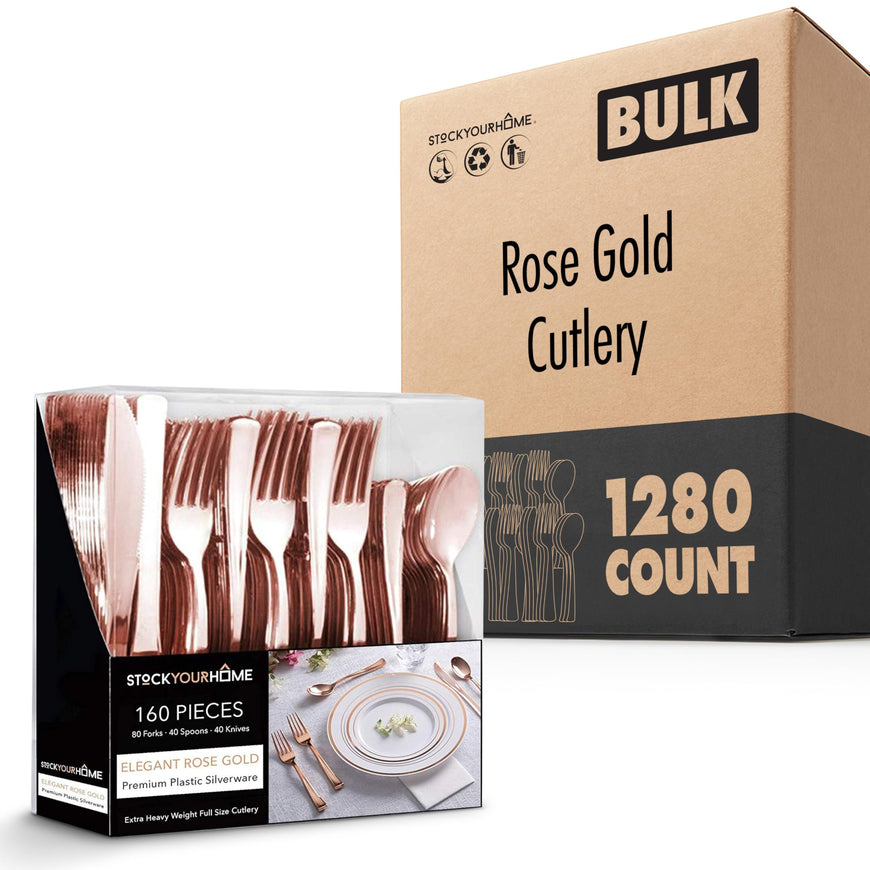 Rose Gold Plastic Silverware Set (1280 Bulk Pack) Disposable Cutlery Utensils, 80 Forks, 40 Knives, 40 Spoons, Heavy Duty Rose Gold Flatware For Holidays, Parties, Dinners, Weddings, Stock Your Home