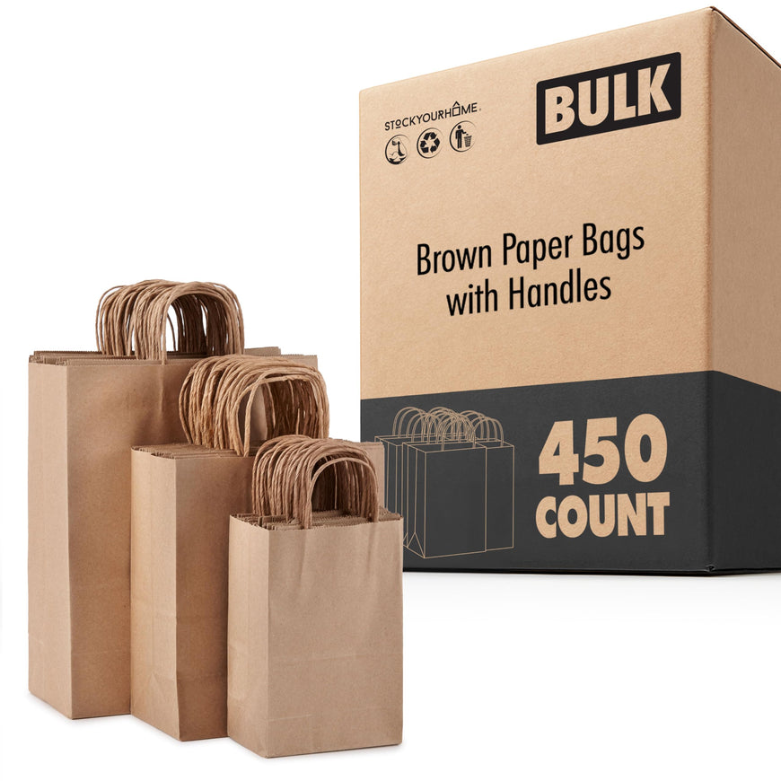 Stock Your Home Brown Kraft Paper Bags with Handles Variety Pack (450 Count), Recycled Paper Bags for Small Business Owners, Crafts, and More, Brown Paper Bags with Handles Bulk Pack