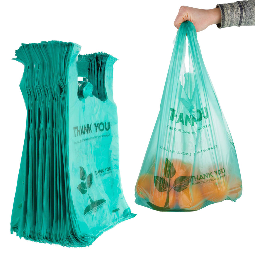 Eco Grocery Bags Disposable (200 Pack) T-Shirt Thank You Bag with Handles for Supermarket, Groceries, Produce, Shopping, Trash, Small Baggies Bulk