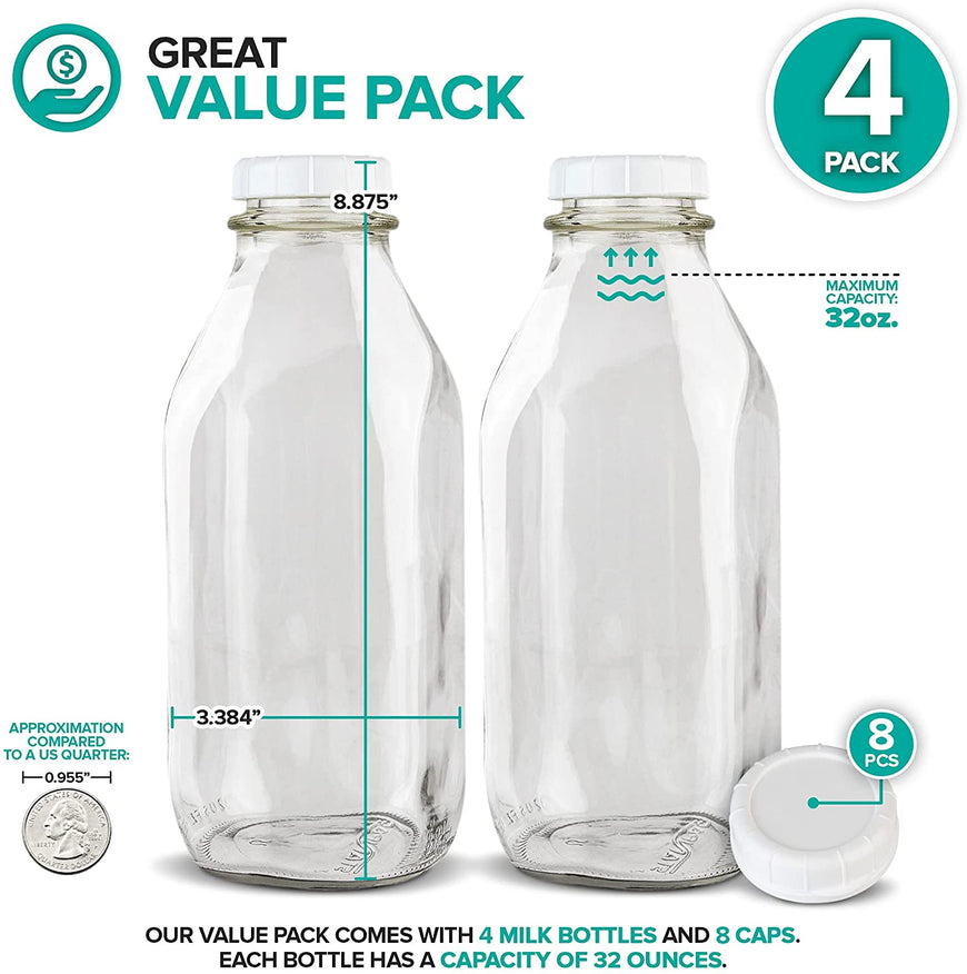 32-Oz Glass Milk Bottles with 8 White Caps (4 pack) - Food Grade Milk Jars with Lids - Dishwasher Safe - Bottles for Milk, Buttermilk, Honey, Maple Syrup, Jam, Barbecue Sauce- Stock Your Home