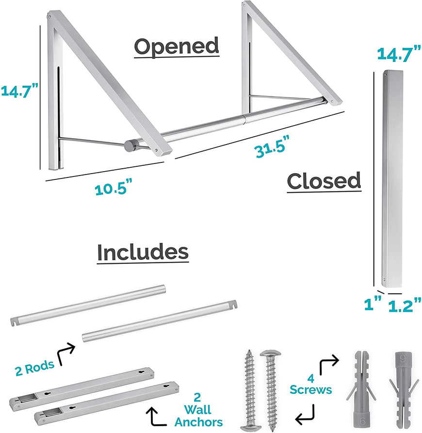 Stock Your Home Retractable Clothes Rack - Wall Mounted Folding Clothes Hanger Drying Rack for Laundry Room Closet Storage Organization, Aluminum, Easy Installation, 2 Racks with Rod (Silver)