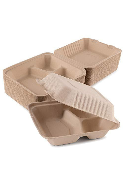 Bagasse Clamshell Takeout Containers, Biodegradable Eco Friendly Take Out to Go Food Containers with Lids (8x8) 50 Count