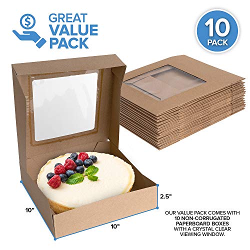 10 x 10 x 2.5 Inch Kraft Pie Box with Viewing Window (10 Count)-Medium Bakery Box - Auto Pop Cake Box Design - Pie Box with Viewing Window for Strawberries, Smash Hearts, Pastry,Treats-Stock Your Home