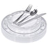 Silver Floral Rim Plastic Dinnerware (125-Piece) Plastic Plates, Plastic Forks, Plastic Knives, Plastic Spoons - Service for 25 Guests Place Setting for Wedding, Party, Baby Shower, Birthday, Holiday